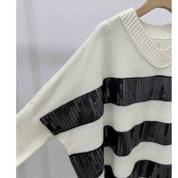 Anthropologie Maeve Cashmere Sequin Sweater XS/S/L Ivory Black Stripe Causal - Picture 7 of 9